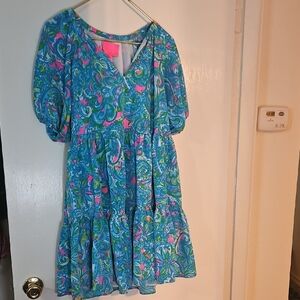 Lilly Pulitzer Blue Paisley Puff-Sleeve Dress with Pink & Green